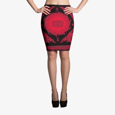 barocco pattern red black pencil skirt