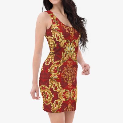 baroque red gold fitted mini dress