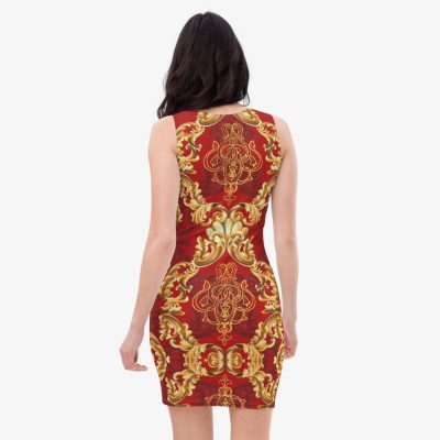 baroque red gold fitted mini dress back