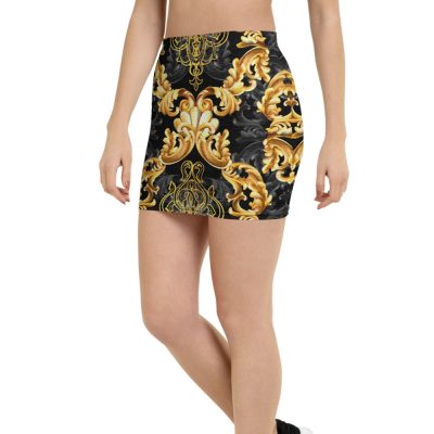 black and gold barocco print mini skirt