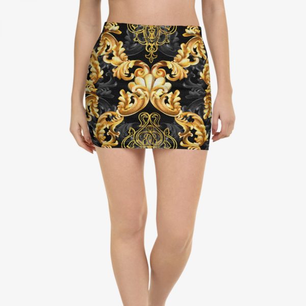 black and gold baroque print mini skirt