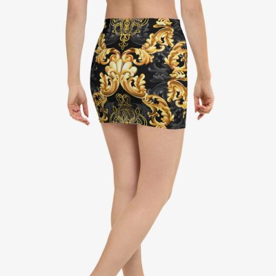 black and gold baroque print mini skirt back