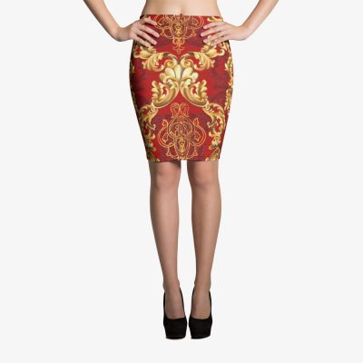 red and gold baroque print luxury pencil skirt