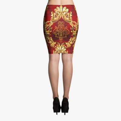 red and gold baroque print luxury pencil skirt back