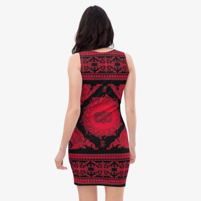 red baroque pattern fitted summer dress back